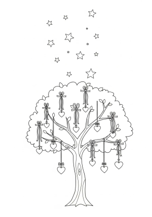 A whimsical tree with hanging wishes and drifting stars above it