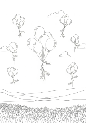 A dreamy landscape with floating balloons carrying tiny wish tags and a peaceful background