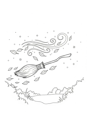 An enchanted witch broom floating above a forest clearing with swirling winds, leaves, and tiny stars scattered in the background