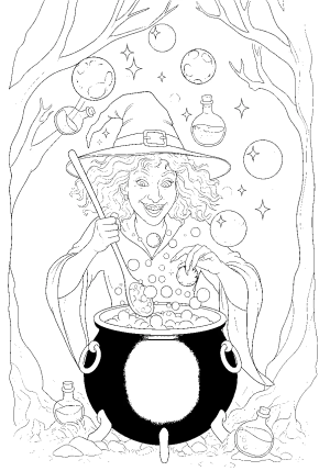 A playful witch stirring a bubbling cauldron amidst floating magical orbs and mysterious potion bottles, with a dense enchanted forest background