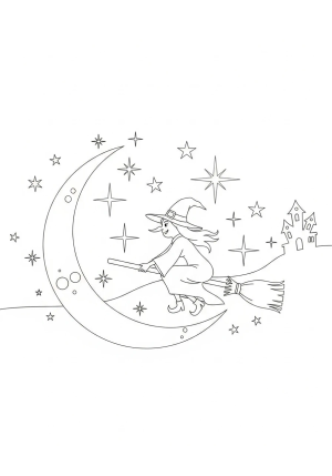 A whimsical witch riding a broomstick across a crescent moon, surrounded by sparkling stars and a spooky silhouette of a haunted house in the distance