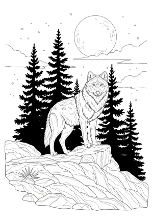 A majestic wolf standing on a rocky outcrop under a full moon, surrounded by tall pine trees and a starry sky, detailed line art for coloring pages