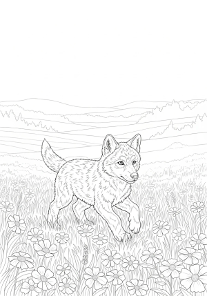 A playful wolf pup frolicking in a meadow filled with wildflowers, with gentle hills and a distant forest in the background, intricate line drawing for coloring pages