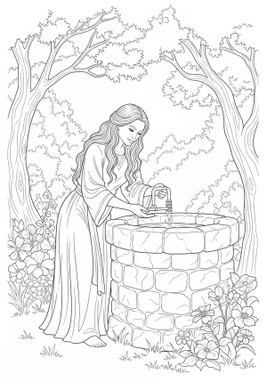 A peaceful woman in flowing garments drawing water from an ancient stone well amidst a lush garden scene, with trees and flowers around her