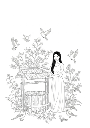 A serene woman wearing a long dress, leaning on a rustic wooden well, surrounded by birds and blooming plants, in a tranquil outdoor setting