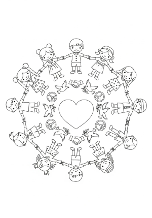 A diverse group of children from around the world holding hands in a circle with a large heart in the center, surrounded by symbols of peace and unity