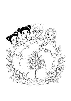A large globe with smiling children of different backgrounds planting a tree together, with leaves and flowers blossoming around them