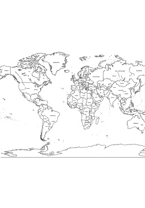 A detailed black and white illustration of a world map featuring continents, oceans, and major landmarks, suitable for a coloring page
