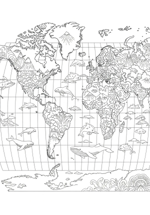 An intricate black and white world map with decorative borders, mountains, and sea creatures embellishing the oceans, designed for a coloring page