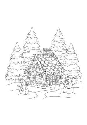 A cozy winter scene featuring a gingerbread house decorated with candy canes, surrounded by snow-covered trees and cheerful snowmen