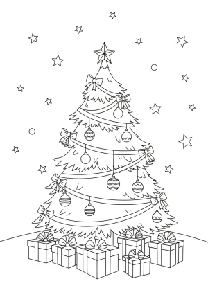 A festive Christmas tree adorned with ornaments, ribbons, and presents underneath, with a background of a starry winter night sky