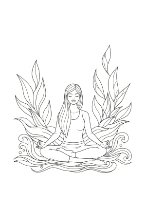 A peaceful yoga practitioner sitting in a lotus pose amidst a serene nature scene with flowing leaves and gentle waves