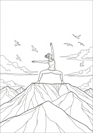 An elegant figure performing a graceful Warrior Pose on a tranquil mountaintop with clouds and birds in the background