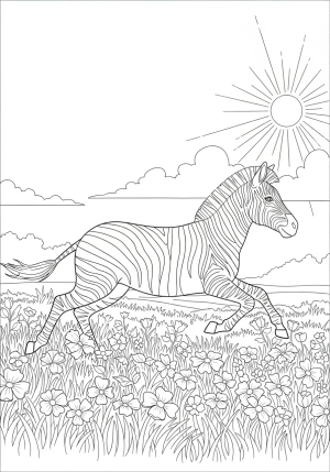 A playful zebra galloping across a meadow filled with wildflowers and a bright sun in the sky, capturing a sense of movement and joyful energy