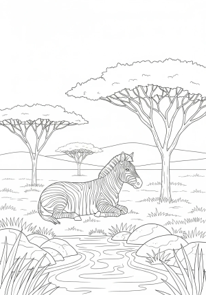 A zebra resting peacefully by a stream in a sunny savanna with acacia trees in the background.