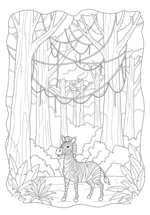 A playful zebra standing in a lush jungle with tall trees and hanging vines.