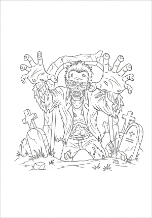A zombie emerging from a dilapidated graveyard with tattered clothing and wild hair, reaching out with skeletal hands.