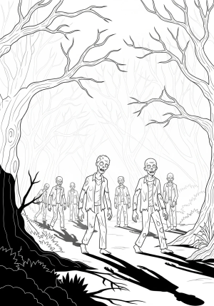 A horde of zombies shuffling through a spooky forest with twisted trees and eerie shadows in the background.