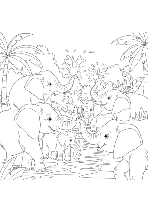 A playful scene of a group of adorable elephants splashing water with their trunks in a jungle setting.