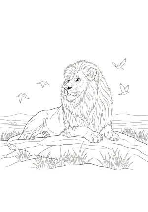 A majestic lion resting on a rocky outcrop overlooking the grasslands with a few birds flying nearby.