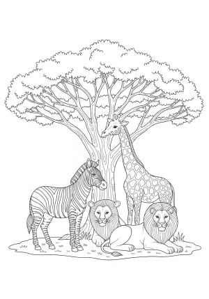 An intricate scene featuring a playful group of zoo animals including a zebra, a giraffe, and a lion lounging under a tree in their natural habitat