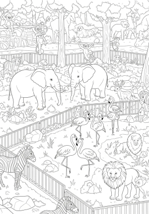 A detailed depiction of a bustling zoo enclosure with a variety of animals such as elephants, monkeys, and flamingos interacting in a lively environment